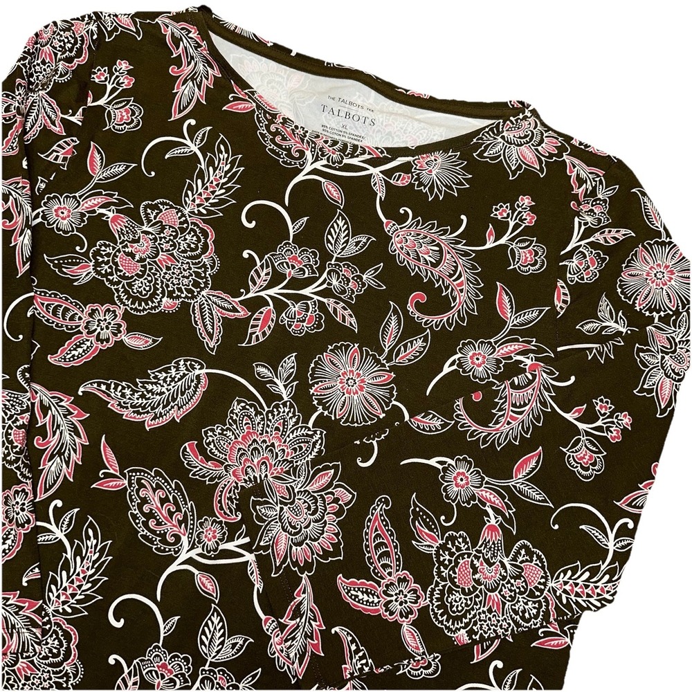 The Talbots Tee Brown & Pink Paisley‎ 3/4 Sleeve Cotton Stretch Shirt Women's XL